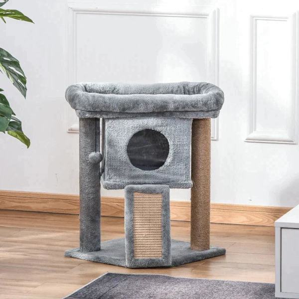 Rootz Cat Tree - Kissapuu juutilla raaputusmatolla - Riippuva pallo - Raaputustaulu - Kissakalusteet ovireiällä - Lemmikkien kalusteet - Vaaleanharmaa