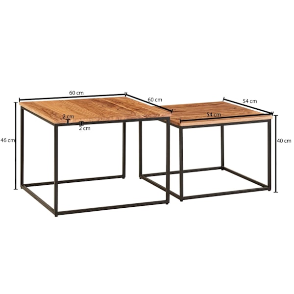 Rootz stuebord sæt af 2 akacie massivt træ - metal sidebord kantet - Design sofabord med metal ben Sofabord - 2-delt dækkeserviet indskudsbord