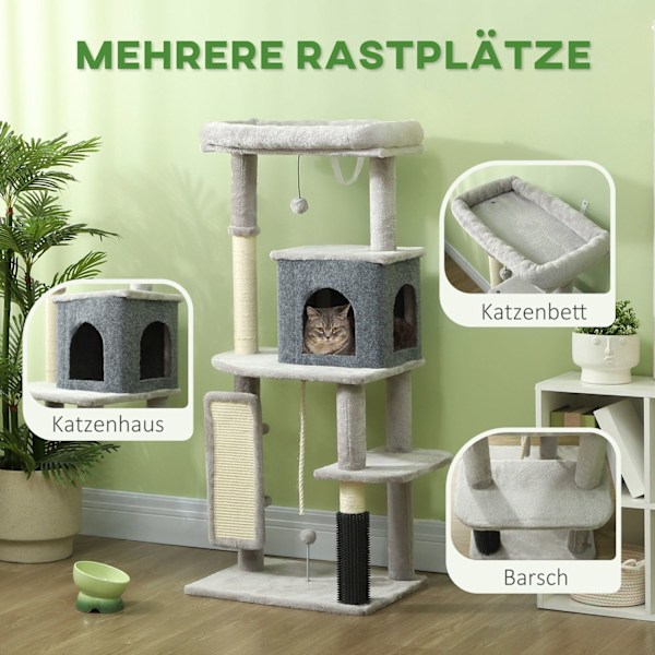 Rootz 52 "Cat Tree - Activity Scratching Post - Play Center - Sisal for Claw Care - 55L X 44W X 132H CM - Grå