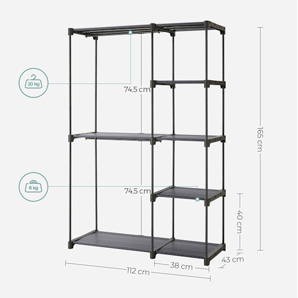 Rootz Åbent garderobeskab - Skabsorganisering - Tøjstativ - Ikke-vævet stof - 43cm x 112cm x 165cm - Sort - Metalrør - Plastforbindelser