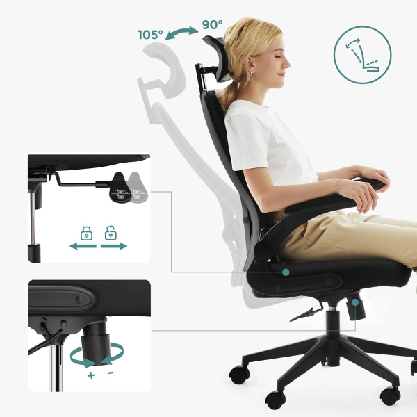 Rootz Ergonomic Office Chair - Sort Skrivebordsstol - Drejestol - Stålstel - Nylonhjul - Polyesterpolstring - Skumpolstring - 64cm x 62cm x (117-127)c