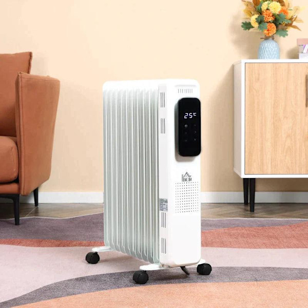 Rootz Oil Radiator - Bärbar elektrisk radiator - 3 värmenivåer - 24-timmars timing Elvärme - 11 värmeplattor med 4 rullar - Vit - 50,5 x 24 x 63 cm