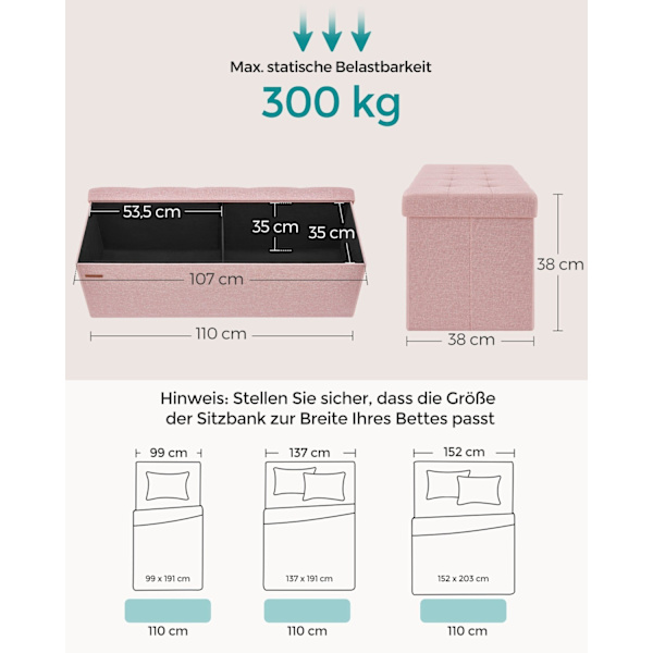 Rootz förvaringspall - ottomansk bänk - stoppad sits - pastellrosa - MDF-material - 38 cm x 110 cm x 38 cm - 25D höghållfast skum