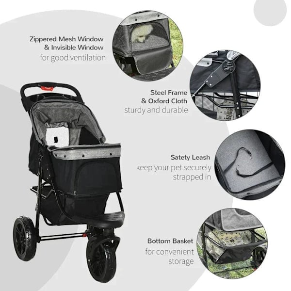 Rootz Dog Buggy - Cat Buggy - Hundvagn - Husdjursvagn med 3 hjul - Fällbar - Justerbar kapell - Oxford - Grå/Svart - 109,5 x 57,5 x 106,5 cm