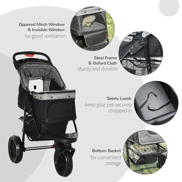 Rootz Dog Buggy - Cat Buggy - Koiravaunu - Lemmikkirattaat 3 pyörällä - Taitettava - Säädettävä kuomu - Oxford - Harmaa/Musta - 109,5 x 57,5 x 106,5 c