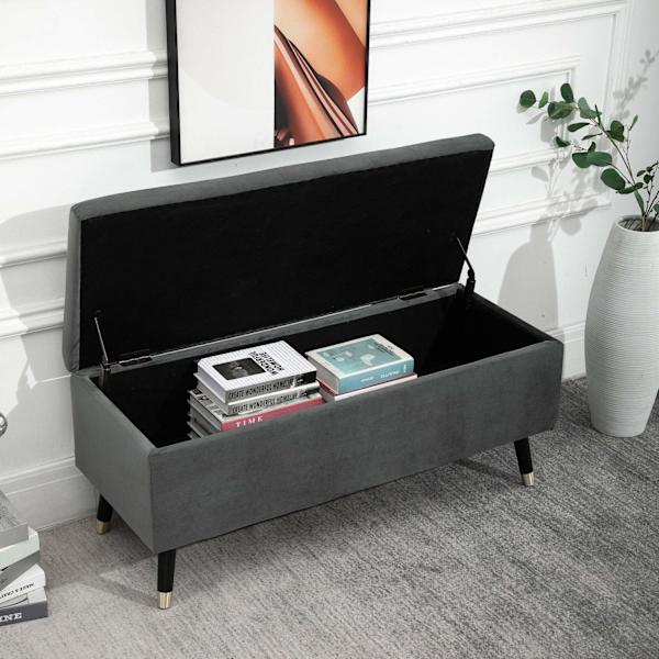 Rootz Hocker - Taburet - Skobænk - Opbevaringsboks - Gummitræ - Antracit - Grå - Stof - 110 x 43 x 45 cm