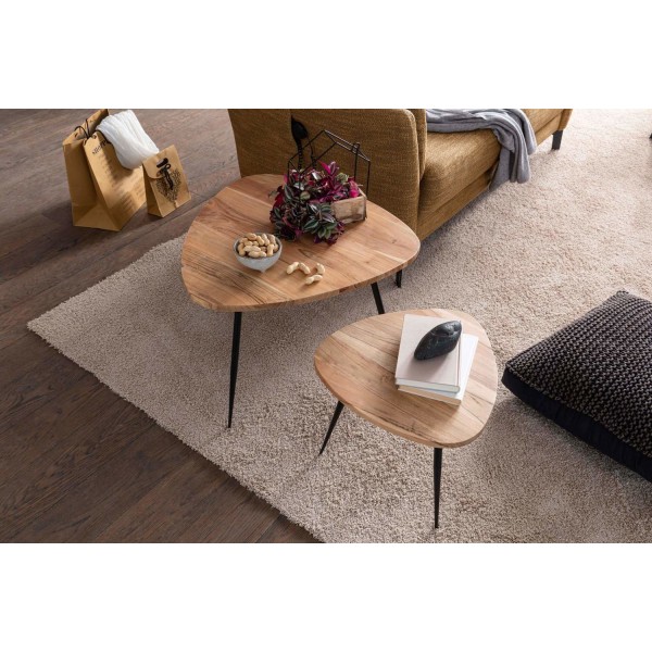 Rootz set med 2 häckbord akacia massivt trä - metall soffbord litet - Design sidobord set med två träbord Vardagsrumsbord bord metallram