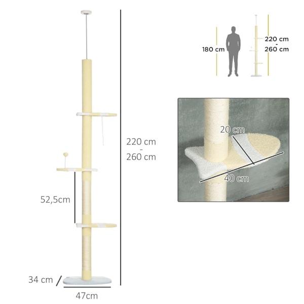 Rootz golv-till-tak kattträd - Justerbar kattskrapstolpe - Klättertorn - Furu - Mjuk plysch - Spånskiva - 47cm x 34cm x 220-260cm