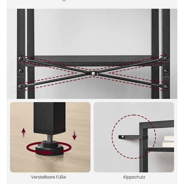 Rootz 4-tiers bogreol - Åben reol - Bogreol i træ - Opbevaringsorganisering - 120 cm x 30 cm x 90 cm