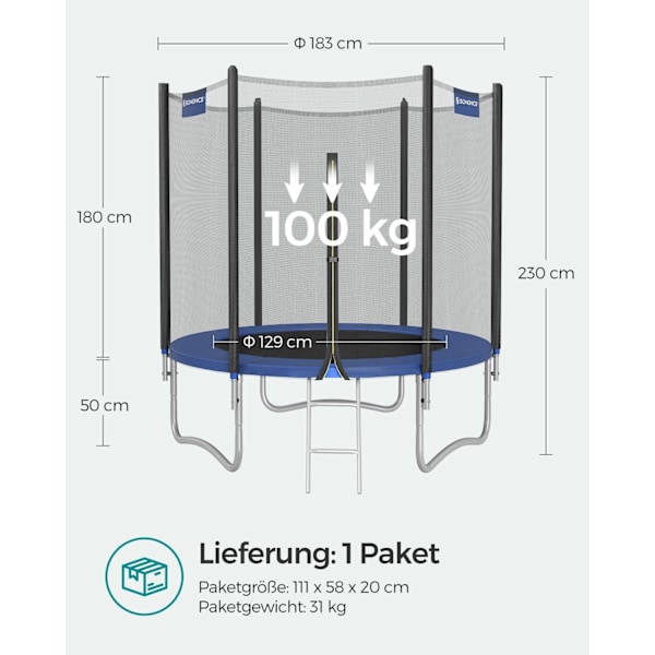 Rootz 10 fod trampolin med sikkerhedskabinet - Rund trampolin - hoppemåtte - galvaniseret stålramme - 183 cm x 230 cm - 100 kg Kapacitet