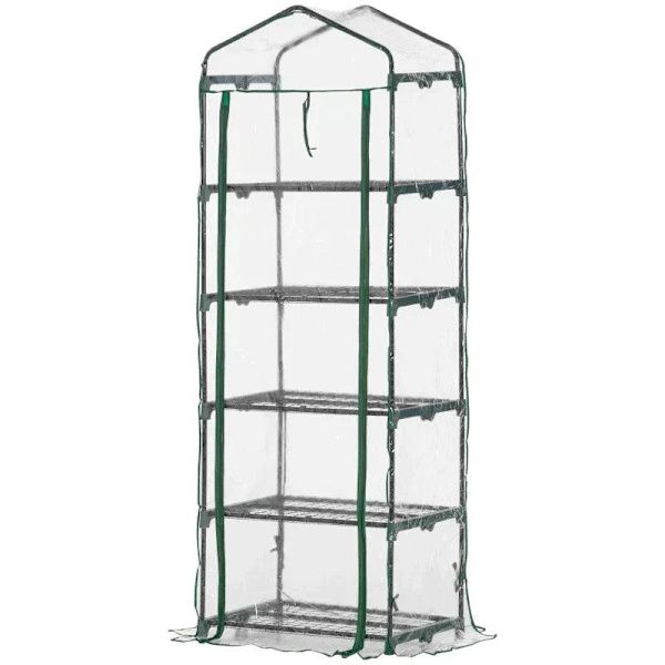 Rootz Folie Drivhus - Mini Drivhus med 5 hylder til dyrkning af blomster eller grøntsager - Stål - Plastik - Gennemsigtig + Grøn - 69 x 49 x 193 cm