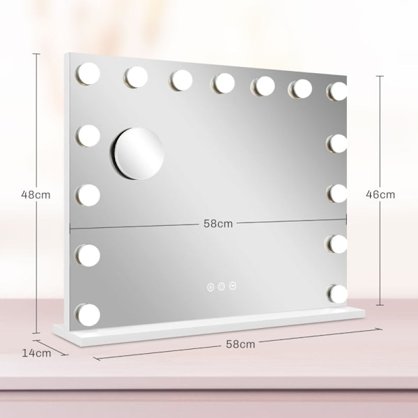 Rootz LED -meikkipeili - Kosmeettinen meikkipeili - Valaistu peili - 15 himmennettävää polttimoa - USB-portti - 58cm x 48cm x 14cm