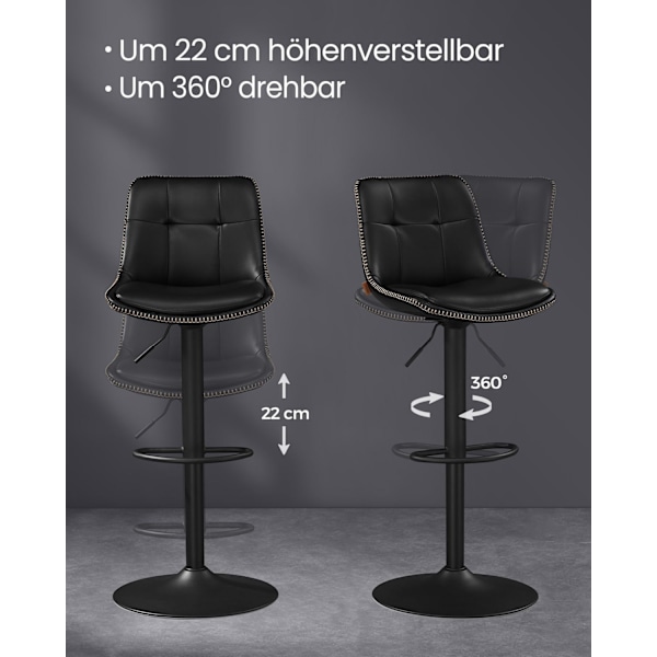 Rootz 2-delt sæt barstole - Køkkenskamler - Stole i modhøjde - PU-materiale - Forkromet stål - Skumpolstring - 44 cm x 48 cm x (90-112) cm - Blæk sort