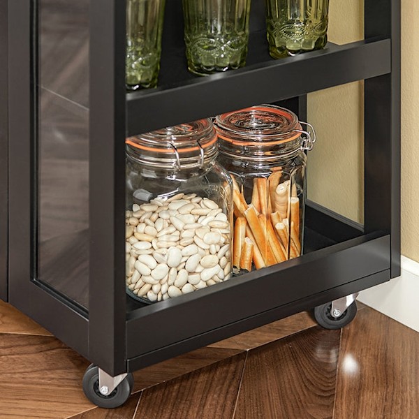Rootz Köksvagn - Sidovagn - Serveringsvagn - Justerbara hyllor - Mobil förvaring - Låsbara hjul - Svart MDF och glas - 60cm x 90cm x 40cm