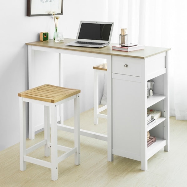 Rootz Kitchen -pöytä aamiaisbaari - Bistro Island - Säilytyshyllyt - Etu-/takalaatikko - PB ja MDF - 120x90x55cm - Valkoinen - SoBuy-jakkara yhteensop