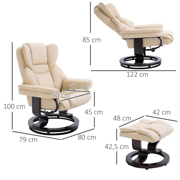 Rootz afslapningsstol med skammel - Liggende funktion - Roterbar - Op til 160 Kg - Kunstlæder - Metalstel - Creme - 80 x 79 x 100 cm