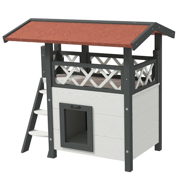 Rootz Cat House - Pet Kennel - Asfalttikatto - 2 tasoa 1 Tikkaat - Kuusi - Valkoinen + Punainen - L77 x L50 x K73 cm