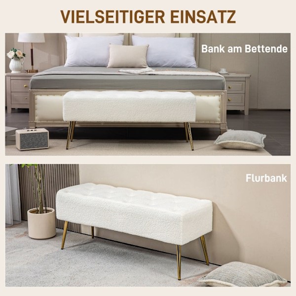 Rootz sengebænk med imiteret lammeuldsbetræk - Polstret bænk - Soveværelsesbænk - Tyk polstring - Stålben - Cremefarvet - 112 cm x 41 cm x 46 cm