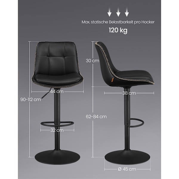 Rootz 2-delt sæt barstole - Køkkenskamler - Stole i modhøjde - PU-materiale - Forkromet stål - Skumpolstring - 44 cm x 48 cm x (90-112) cm - Blæk sort