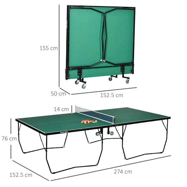 Rootz Bordtennisbord - Fuld størrelse - Sammenfoldelig - 8 hjul - Inklusiv ketchere og bolde - Grøn - 2,74 x 1,52 x 0,76 m