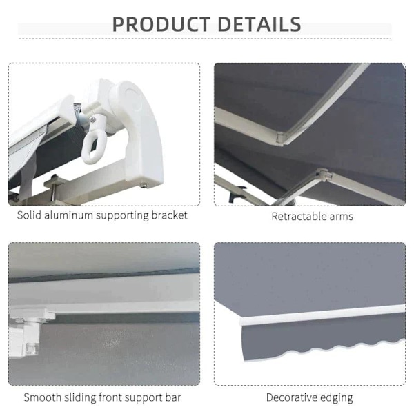 Rootz Markis - Manuellt infällbar markis - Aluminium Markis - Ledad markis - Grå - 4m x3m