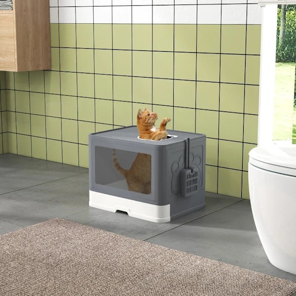 Rootz Cat kattebakke - Dæksel - Skovl - 2 udgange - Kat op til 4 kg - Udtræksskuffe - Plastik - Grå - Hvid - 48,5 X 38 X 36,5 Cm