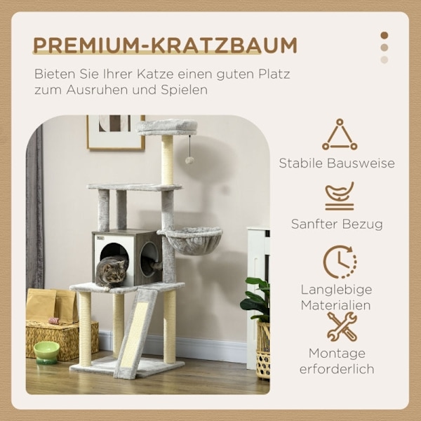 Rootz PawHut Kattekradsestolpe med hule - Kattetræ - Kattetårn i flere niveauer - Sisalreb - 48,5 cm x 48,5 cm x 141,5 cm