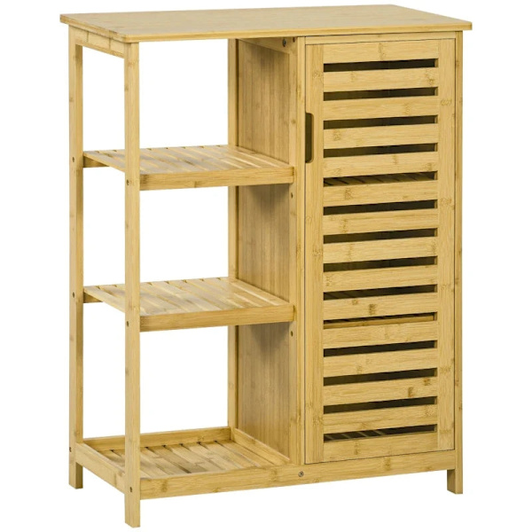Rootz badeværelsesskab - 3 hylder - Luftcirkulation - 1 skab - Anti-tip design - Lameldøre - Bambus - Naturligt træ - 66L x 33W x 87H cm
