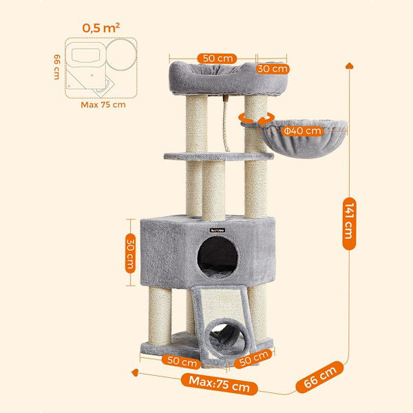 Rootz Cat Tree - Kradsestolpe med tunnel - Ridsestolpe med kattekasseskab - Katteklatretræ - Katteaktivitetstræ - Kattelegetræ - Moderne kattetræ - Ka