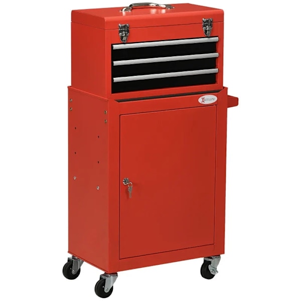 Rootz 2-i-1 verktygsvagn - Mobil vagn - Verktygsskåp - 3 lådor - Verktygstavla - Stålhus - Röd - 46L x 28W x 94H cm
