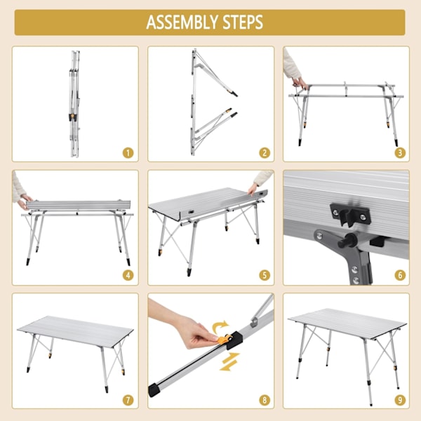 Rootz campingbord i aluminium - Bärbart fällbart bord - Justerbart utomhusbord - Robust, väderbeständig, lätt - 68,5 cm x 59-78,5 cm x 120 cm