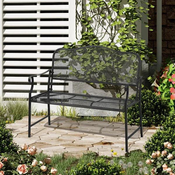 Rootz trädgårdsbänk - 2-sits trädgårdsbänk - 2-sits bänk - väderbeständig - metall - svart - 113cm x 58cm x 98cm