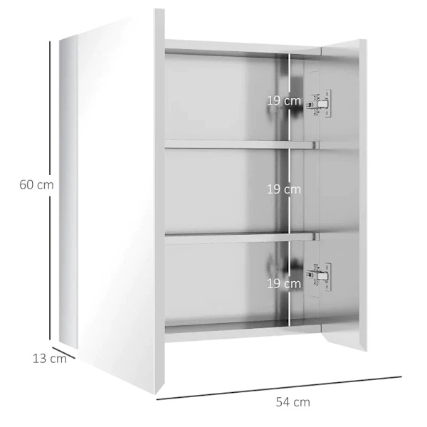 Rootz Spegelskåp - Badrumsskåp - 2 spegeldörrar - 3 invändiga hyllor - Rostfritt stål - Silver - 54 x 13 x 60 cm