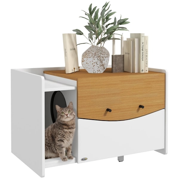 Rootz kattskåp - Snyggt katthus - Sidobord - Utdragbar katttoalett - Sandfällsmatta - Spånskiva - 78cm x 50cm x 51cm