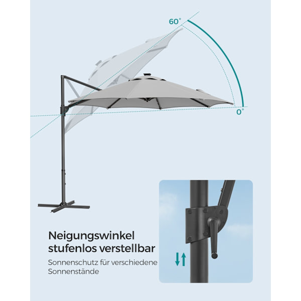Rootz Cantilever Paraply - Uteplatsparaply - Utomhusparaply - Stålram - 180 g/m2 Polyester - Ø 300cm - 240cm Höjd - Dove Grey - 15,3kg - Solpanel - Cr