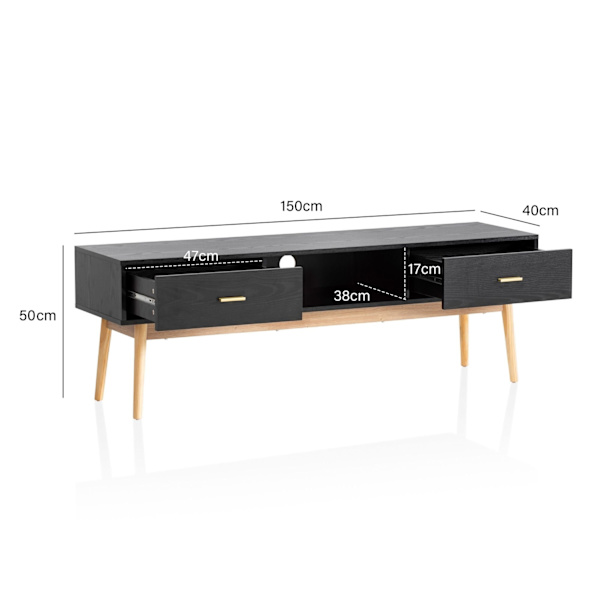 Rootz Lowboard tv-skab - 150 cm tv-stativ - sort og eg tv-konsol - moderne design - rummelig opbevaring - holdbar konstruktion - 150 cm x 50 cm x 40 c