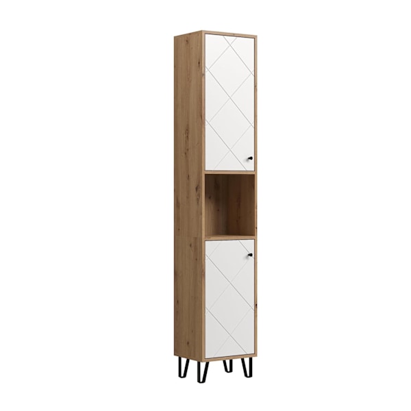 Rootz Tall Bathroom Cabinet - Storage Unit - Washroom Organizer - Bath Furniture - Towel Stand - Shelving System - White Matt Lacquer with Artisan Oak