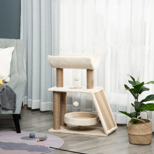 Rootz Cat kradsestolpe - Inklusiv legetøj - Katteseng - Spånplade - Plys - Sisal - Lysebrun - 60 Cm X 30 Cm X 76 Cm