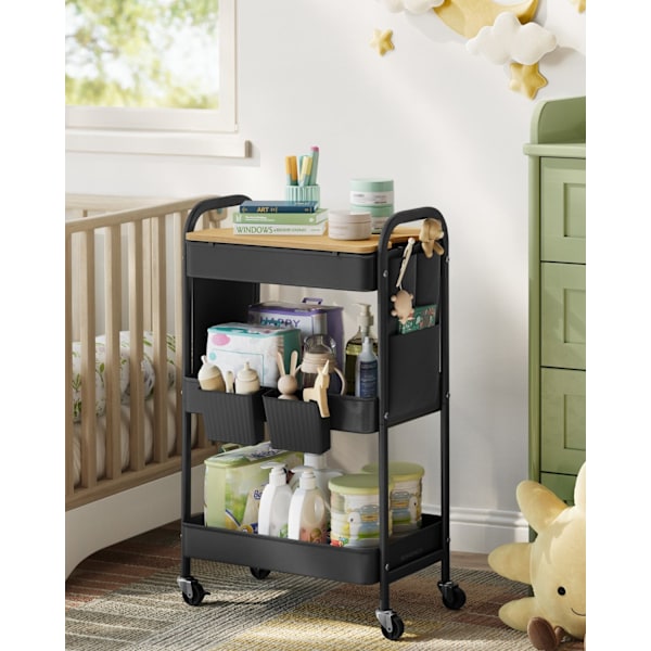Rootz Steel Rolling Trolley - Ink Black Storage Cart - Metal Organizer - Heavy-Duty - 30,6 cm x 44,3 cm x 74,2 cm