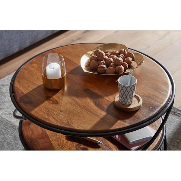 Rootz sofabord 58x58x40,5 cm massivt sheesham træ - metal med opbevaringsplads - Stuebord Massivt sofabord - Lille bord sidebord stue moderne - Rundt
