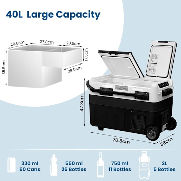 Rootz Compressor Køleboks - Bærbar køler - Elektrisk campingkøleskab - Dual Zone - Energieffektiv - 30/40/50L - 12V/24V - -20~20°C - 60W - Off-road hj