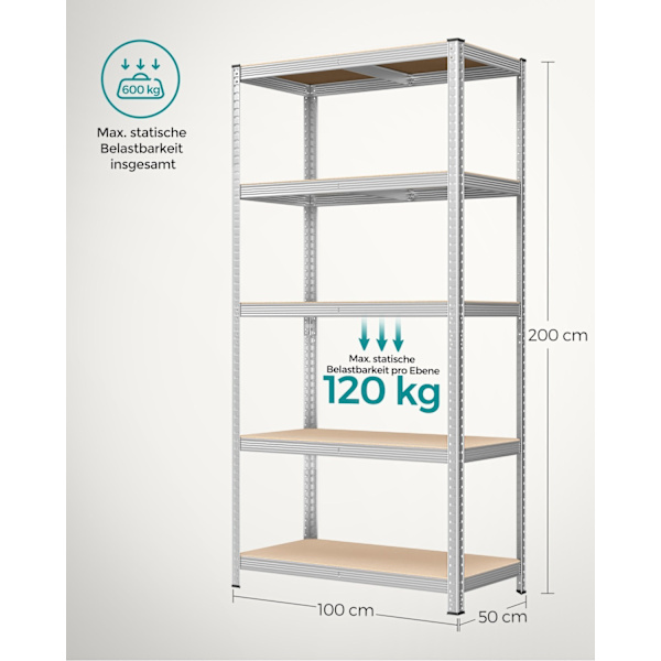 Rootz Garageopbevaringsstativ - Stålreolsystem - Justerbare hylder - Stærk støtte - Rustbestandig - 200 cm x 100 cm x 50 cm