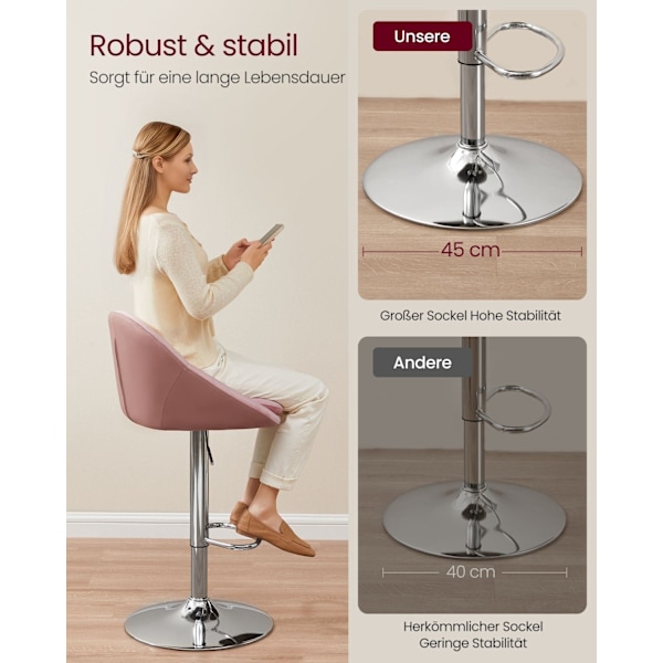Rootz 2-delade set barstolar - Bänkstolar - Justerbar i höjdled - Sammet - PU-läder - Metallram - Pastellrosa-silvergrå - 52,5 cm x 50 cm x (97,5-108,