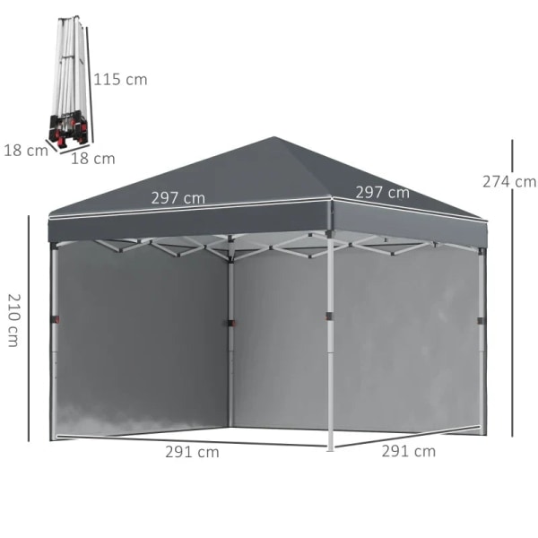 Rootz Folding Gazebo - 2 sidoväggar - Justerbar i höjdled - Sandsäck - Transportväska - Rostfri stålram - Stål - Oxford - Mörkgrå - 297L x 297W x 274H