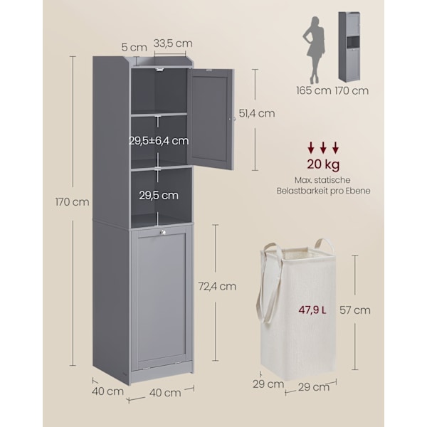 Rootz badeværelsesskab med vasketøjskurv og håndtag - Dove Grey opbevaringsenhed - MDF polyesterstof - 40 cm x 40 cm x 170 cm, 24 kg. Statisk belastni