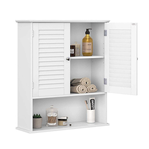 Rootz badeværelsesskab - Opbevaringsskab - Hygiejneorganisering - Hvid MDF - 60 cm x 20 cm x 70 cm - Åbent rum - Justerbar hylde - Forkromede knopper
