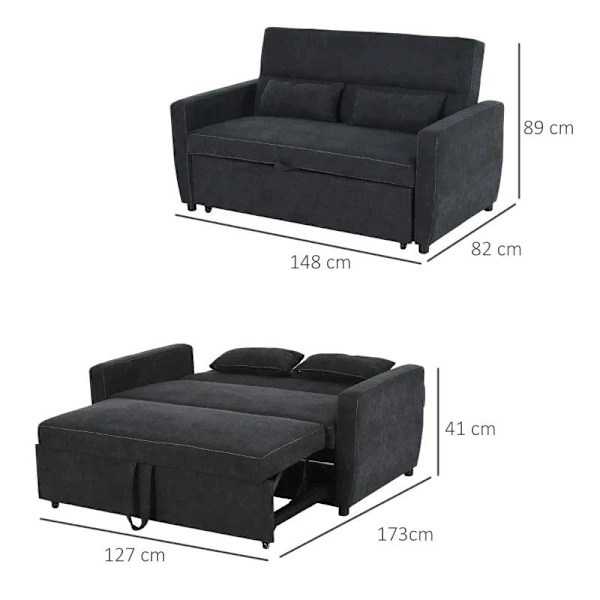 Rootz Sovesofa - Foldesofa - 2-personers stofsofa - Sofa med sovefunktion - Justerbar vinkel - Sort - 148 x 82 x 89 cm