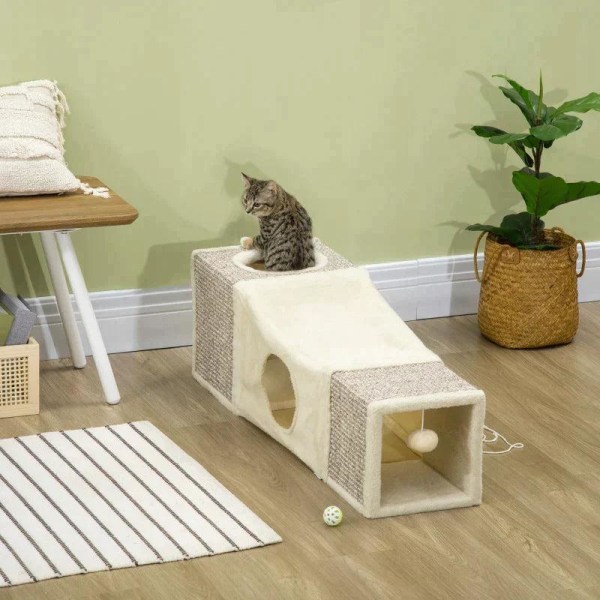 Rootz Cat Tunnel - 2 Cat Caves - Katteseng - Ridsepuder og kuglelegetøj - Spånplade/Fluff/Sisal - Brun/Beige - 98cm x 30cm x 30cm