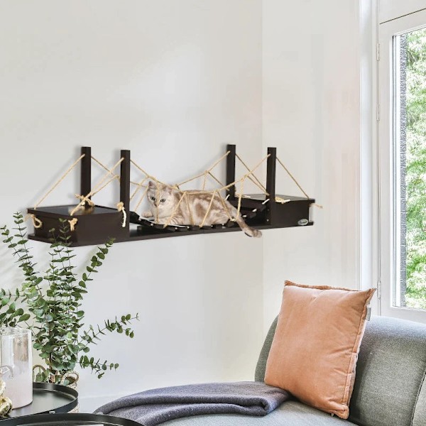 Rootz Cat Climbing Wall - Katthylla - Hängbro - Hängande katthylla - Espresso - 96cm x 20cm x 25,5cm, Brun