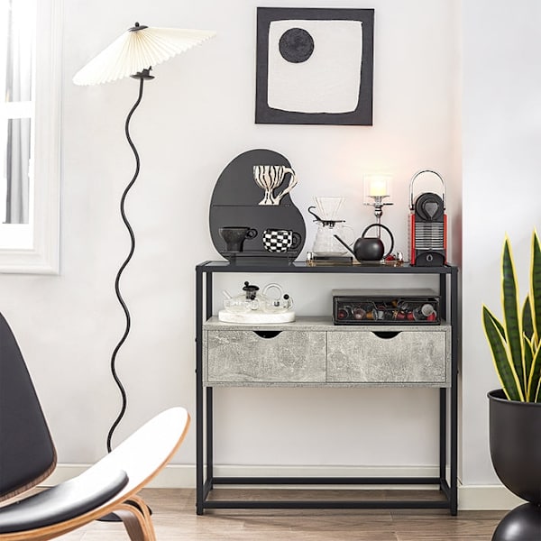 Rootz Modern Sideboard Konsolbord - Hallbord - Ljusgrå sidobord - Glasskiva - Rymlig förvaring - Robust design - Justerbara fötter - 81cm x 78cm x 35c